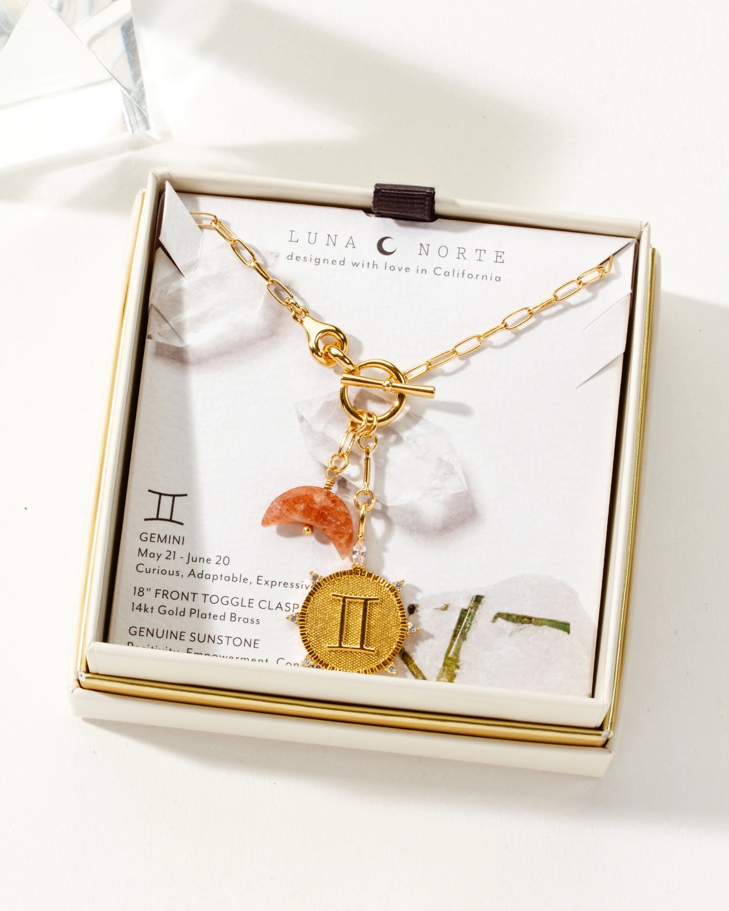 Lunar Front Toggle Necklace - Gemini + Sunstone