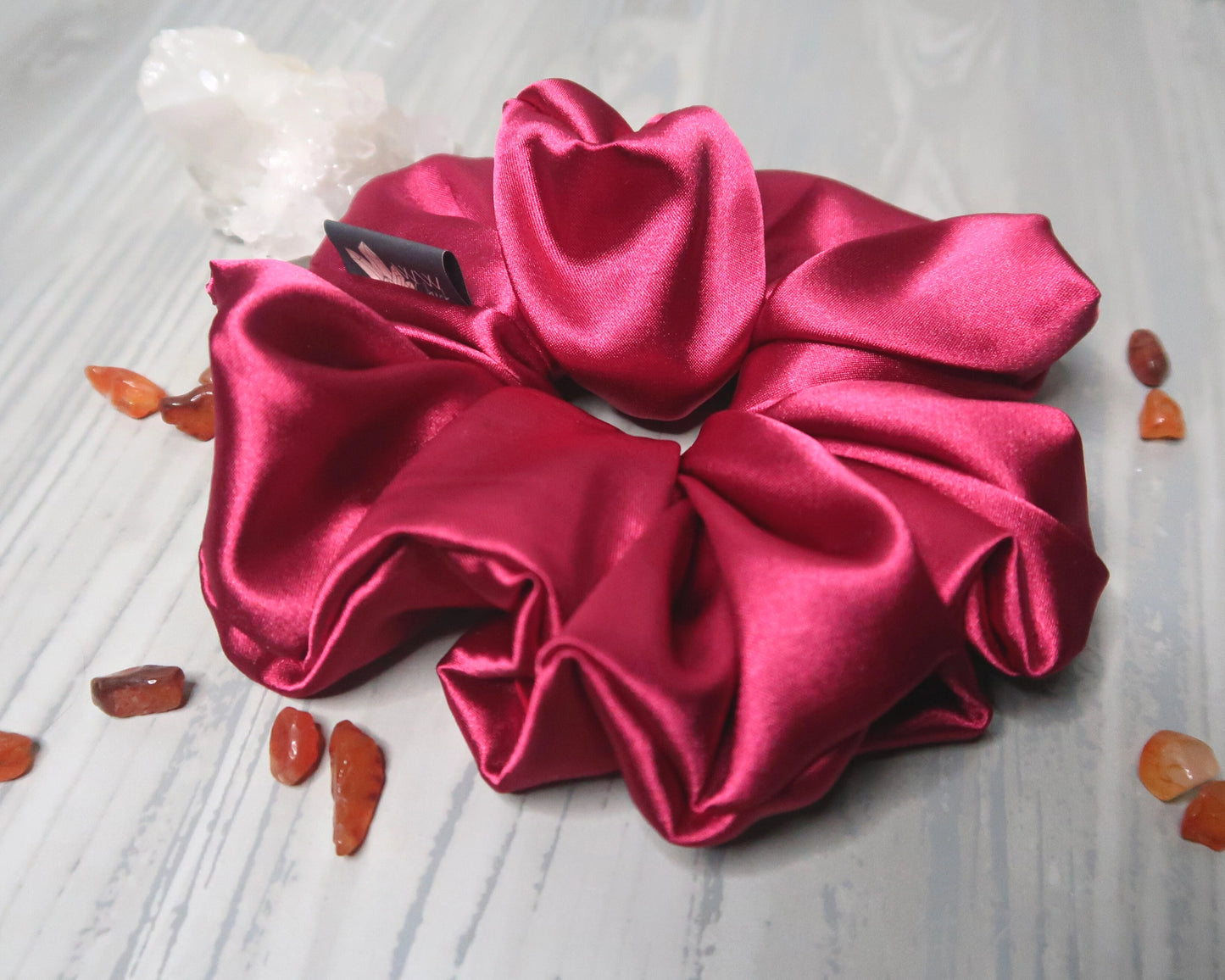 Satin Crystal Infused Hair Scrunchie - Aries + Carnelian