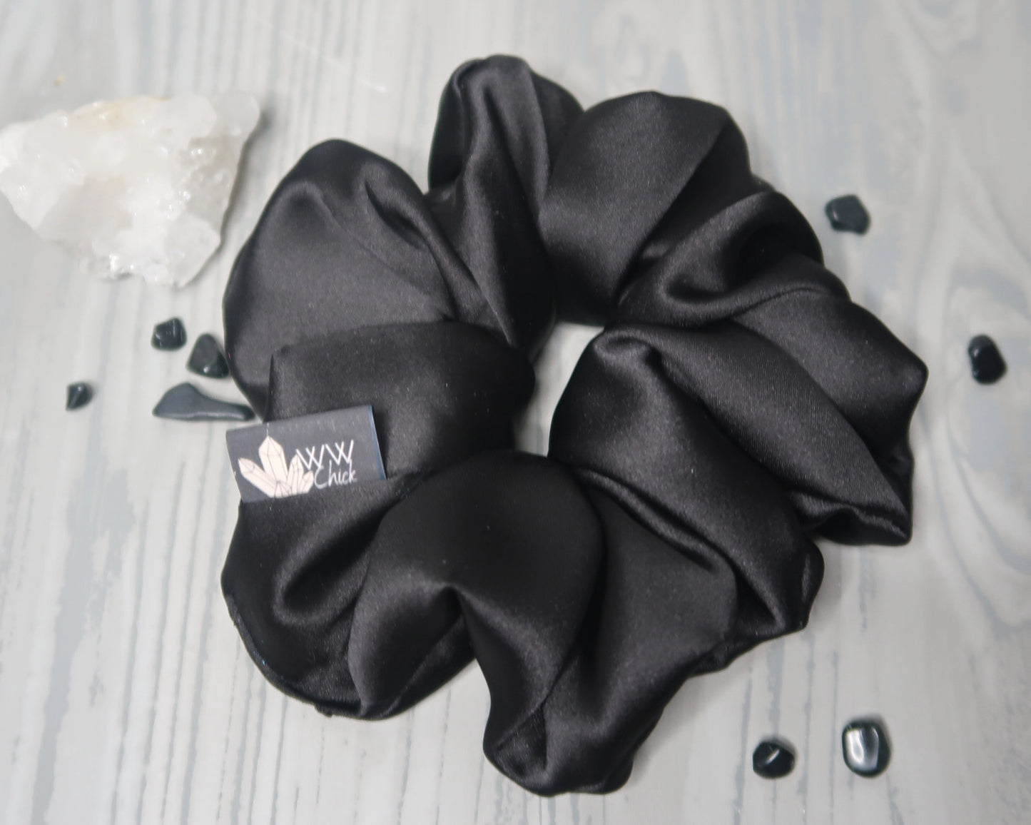 Satin Crystal Infused Hair Scrunchie - Scorpio + Obsidian