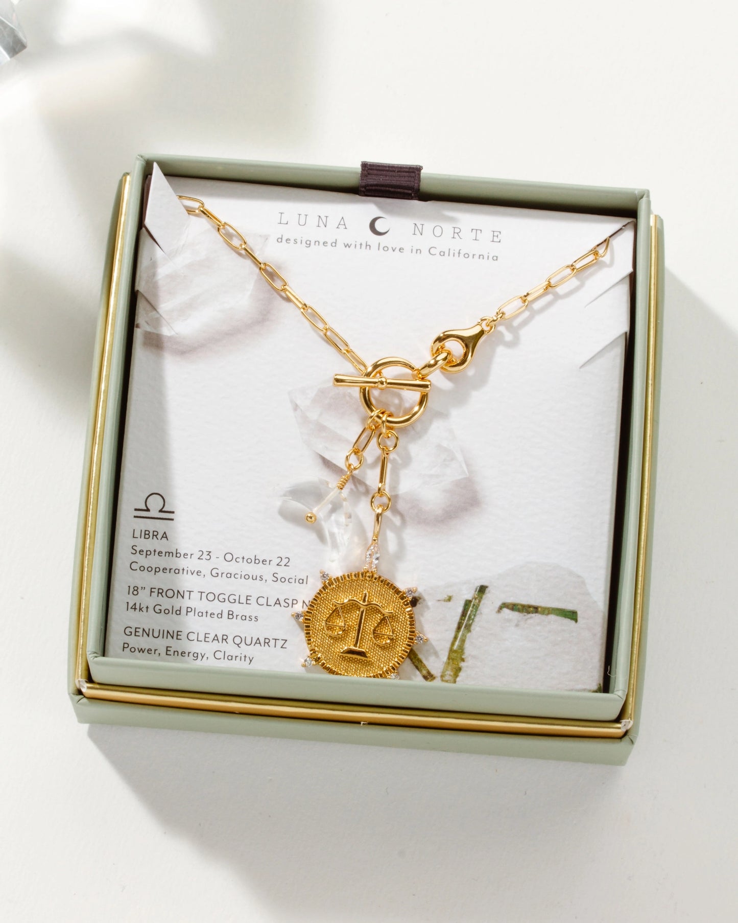 Lunar Front Toggle Necklace - Libra + Clear Quartz