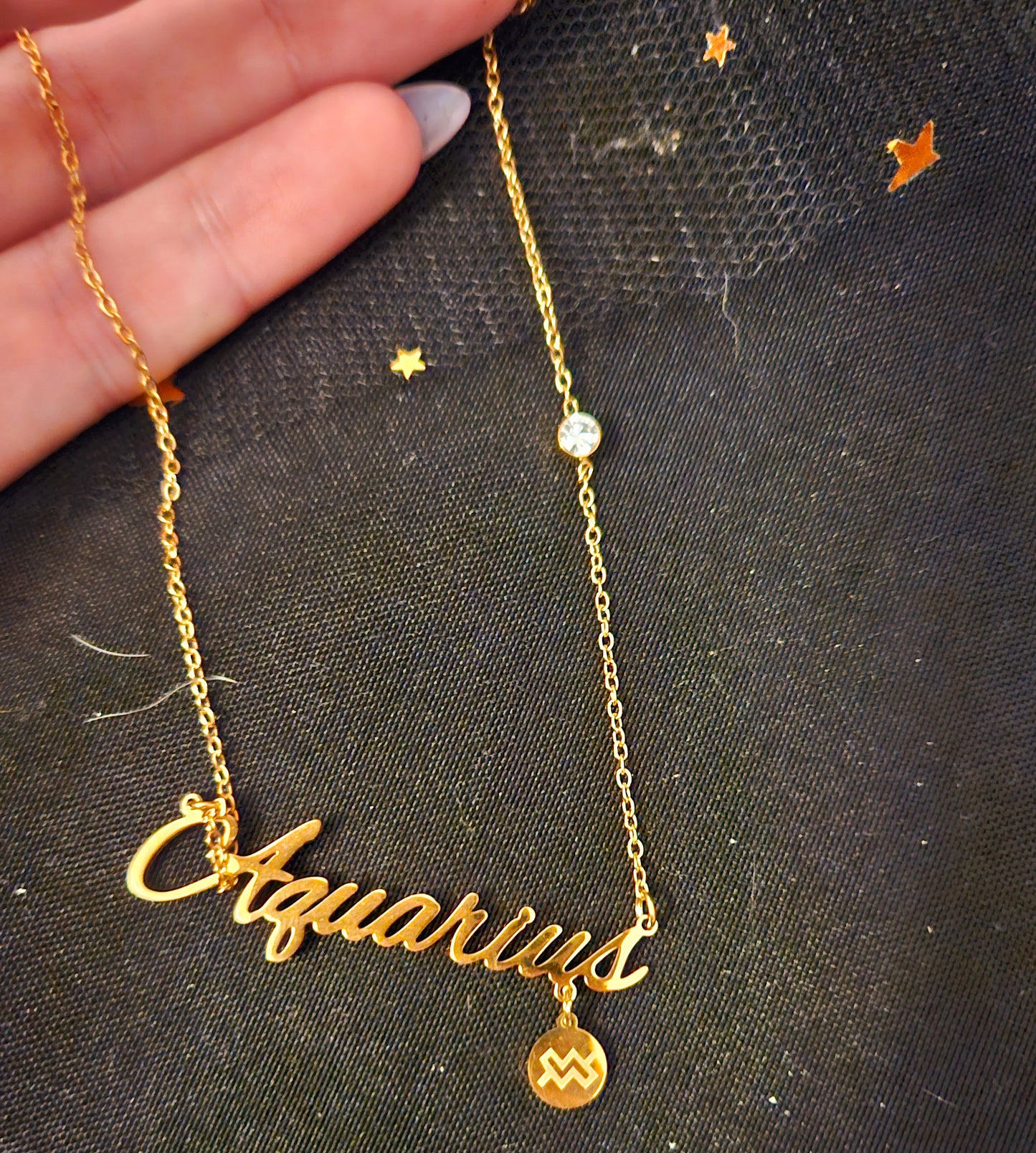 Script Necklace with Charm and Diamond - Aquarius