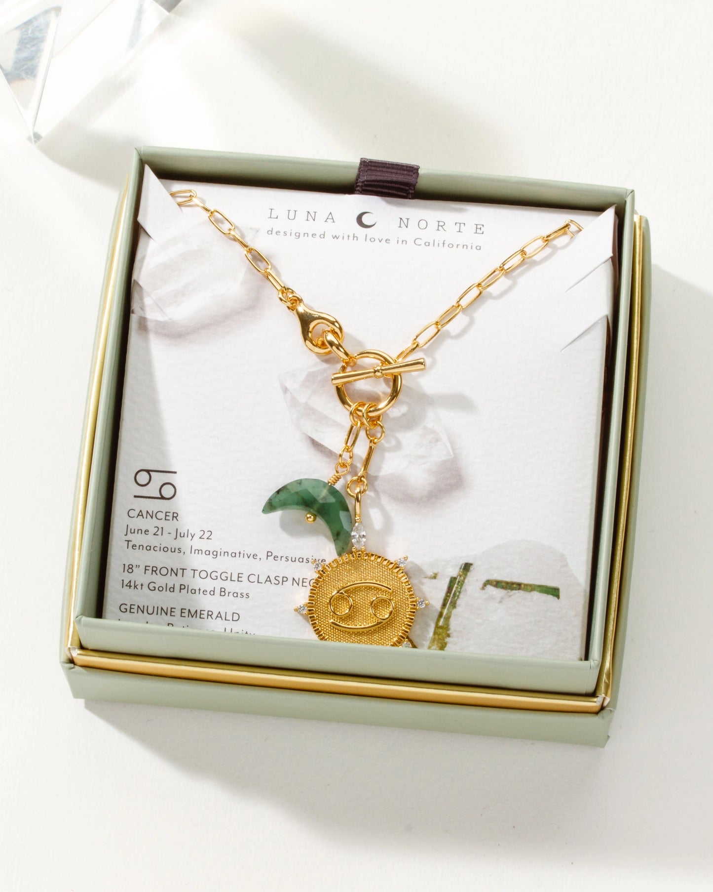 Lunar Front Toggle Necklace - Cancer + Emerald