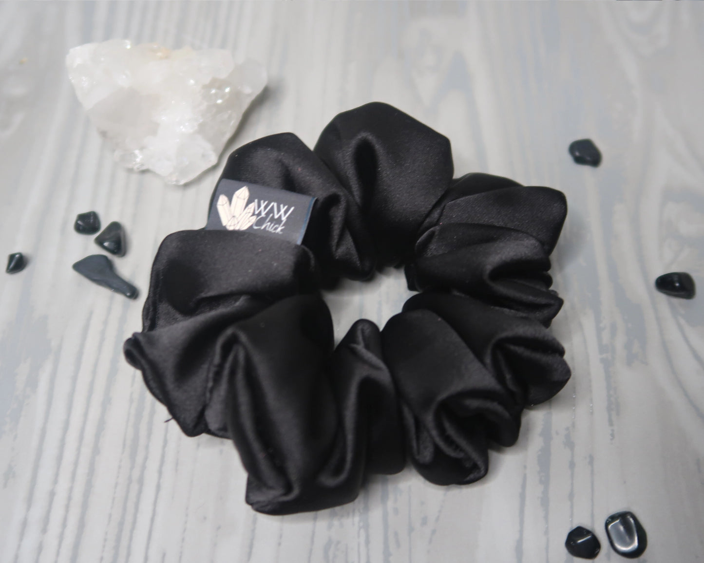 Satin Crystal Infused Hair Scrunchie - Scorpio + Obsidian
