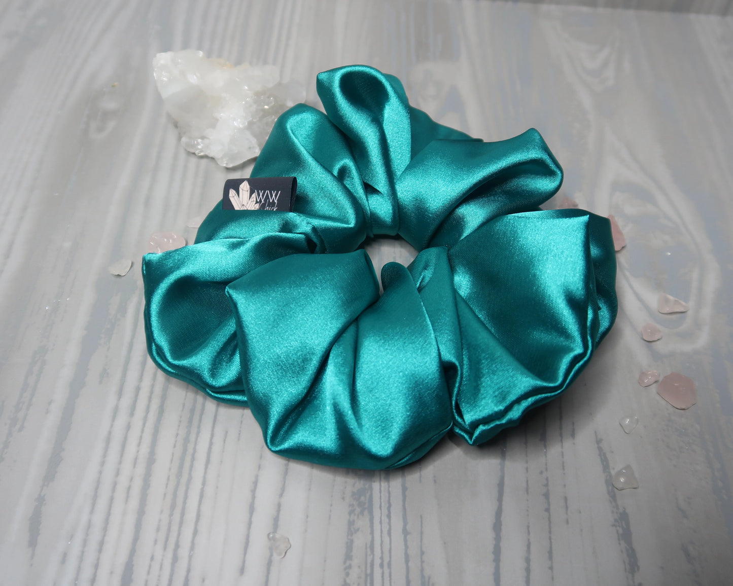 Satin Crystal Infused Hair Scrunchie - Taurus + Rose Quartz