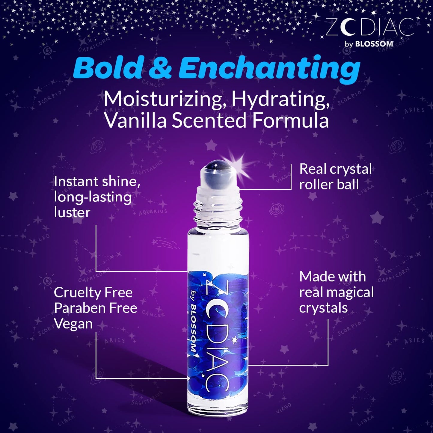 Crystal Infused Zodiac Vanilla-Flavored Roll-On Lip Gloss - Aquarius