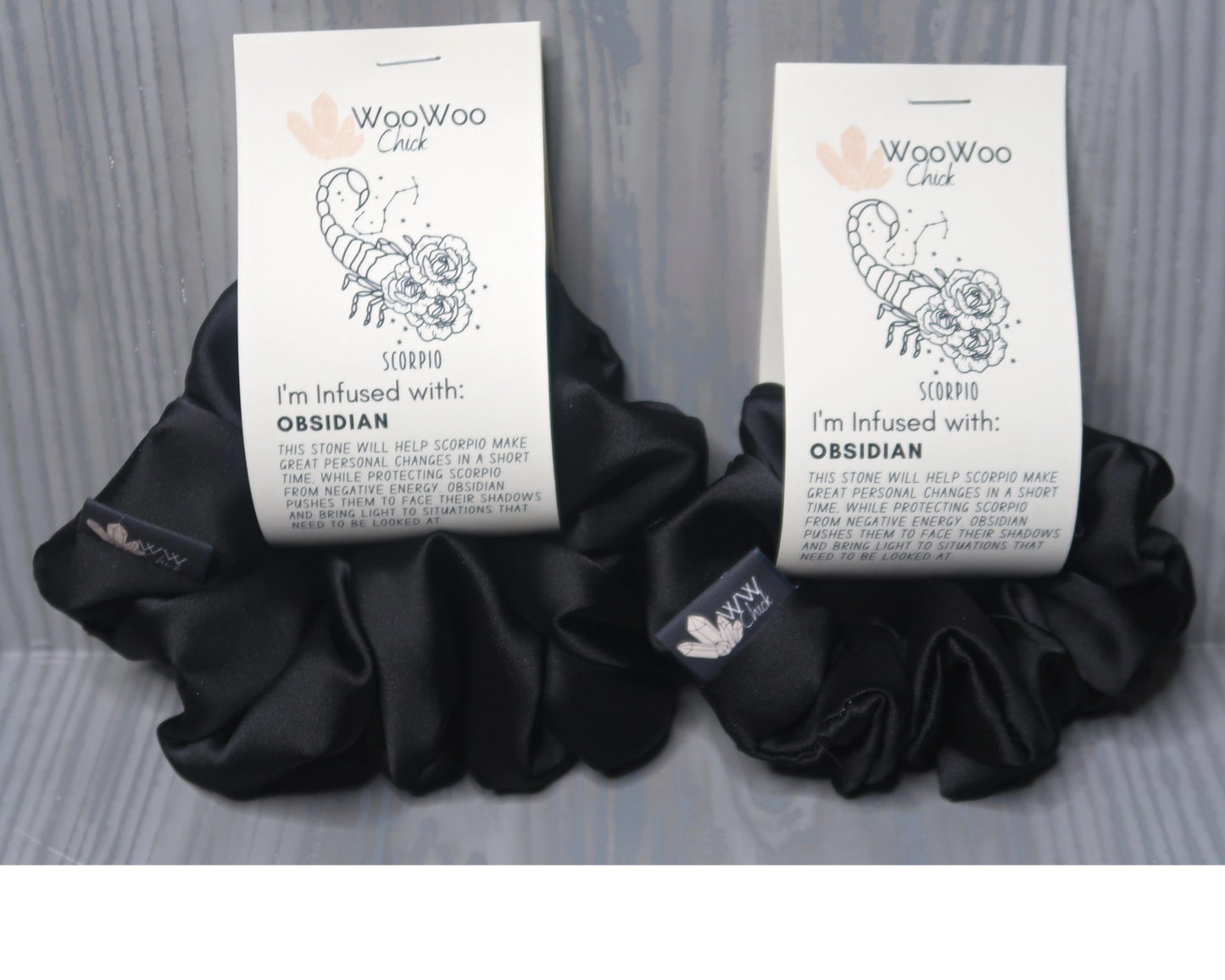Satin Crystal Infused Hair Scrunchie - Scorpio + Obsidian