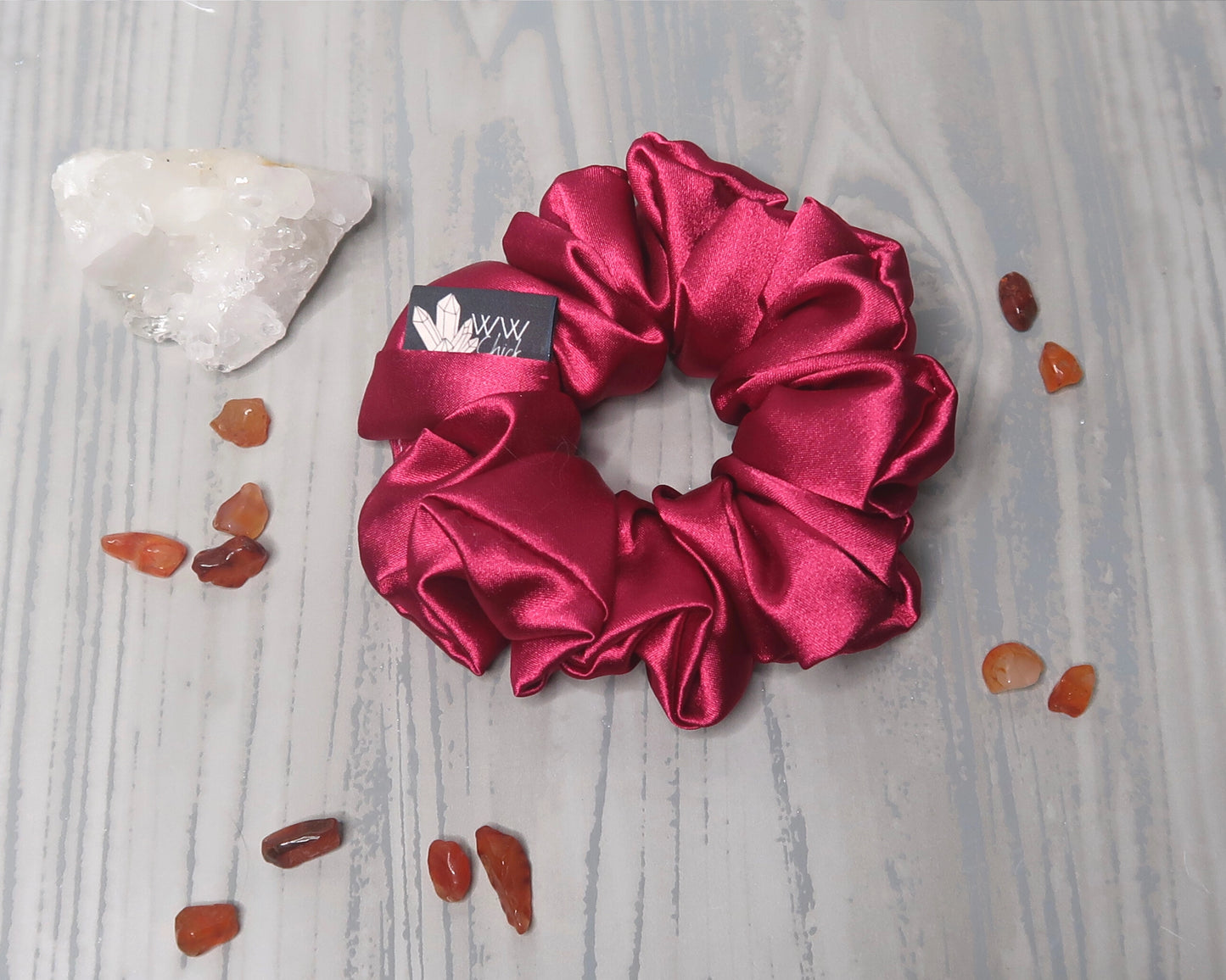 Satin Crystal Infused Hair Scrunchie - Aries + Carnelian