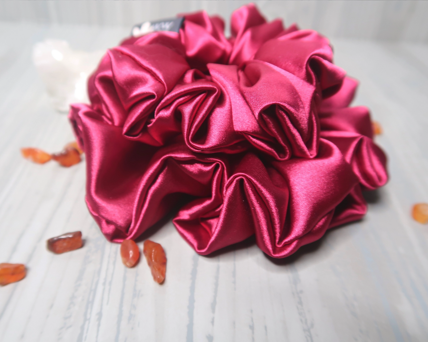 Satin Crystal Infused Hair Scrunchie - Aries + Carnelian