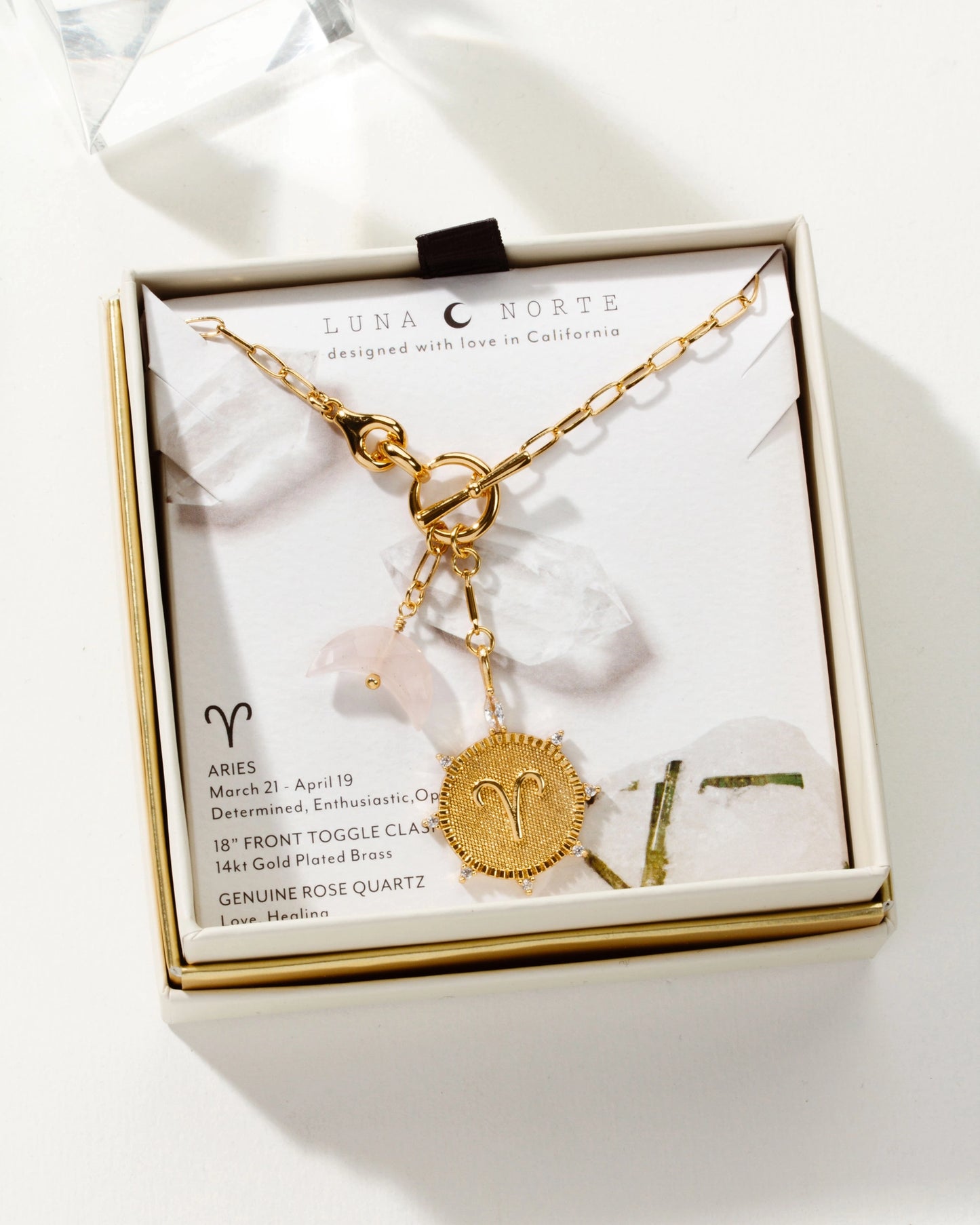 Lunar Front Toggle Necklace - Aries + Rose Quartz
