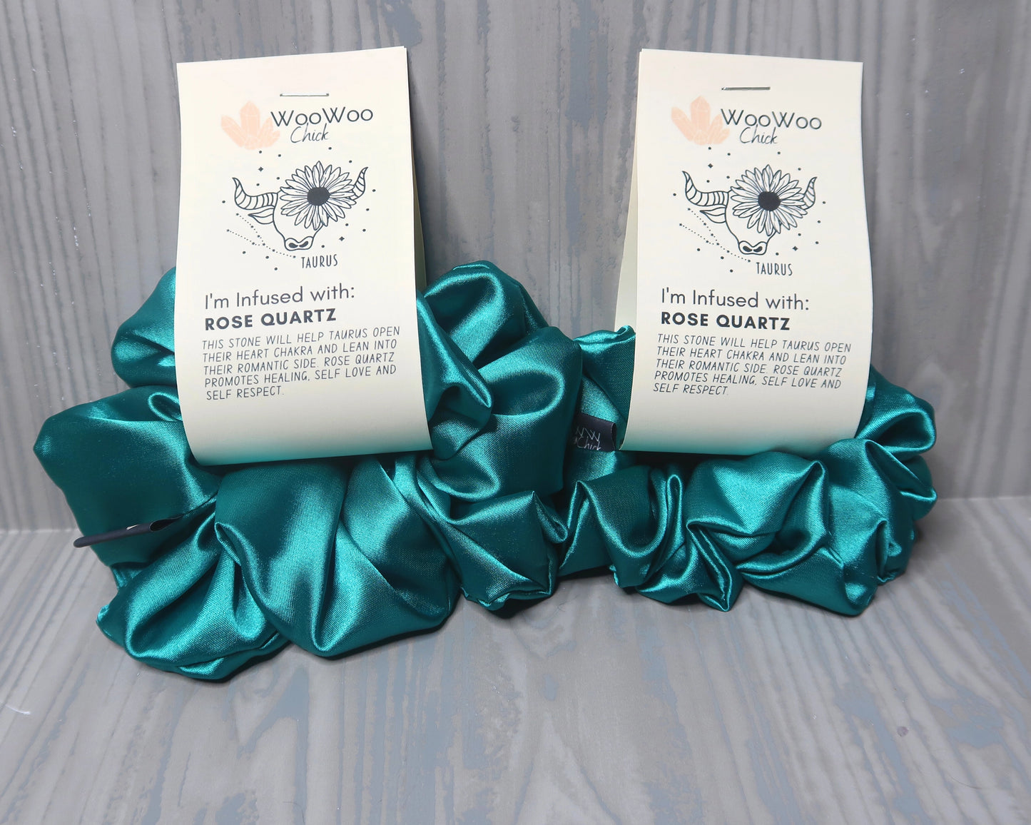 Satin Crystal Infused Hair Scrunchie - Taurus + Rose Quartz