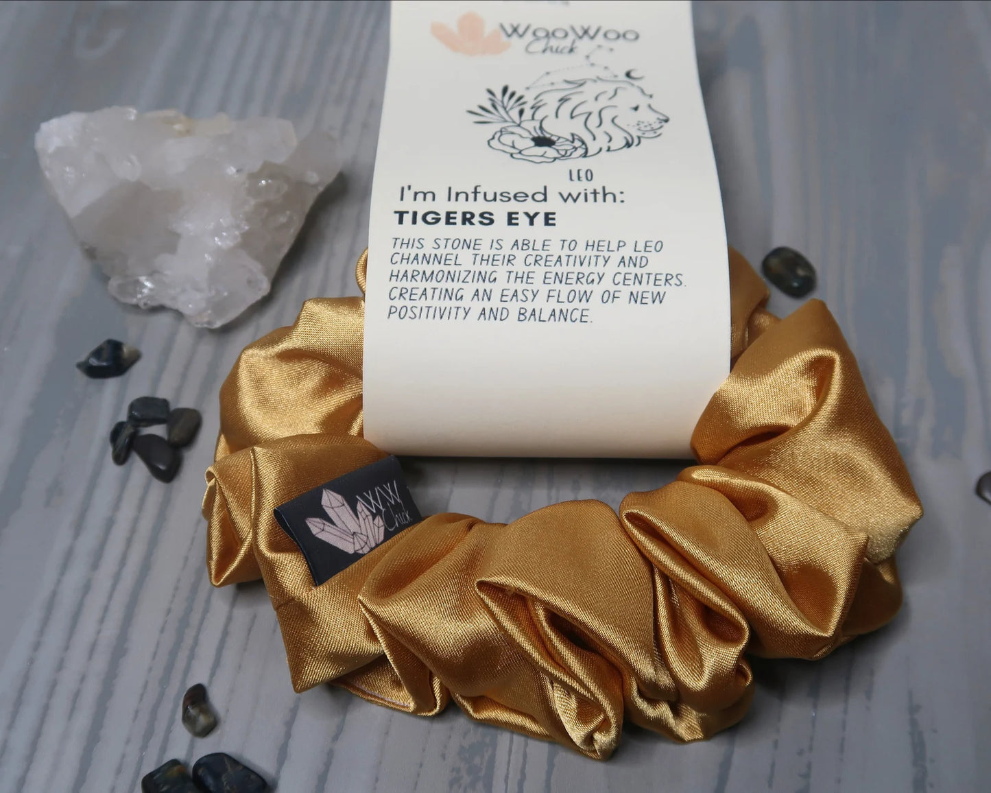 Satin Crystal Infused Hair Scrunchie - Leo + Tigers Eye