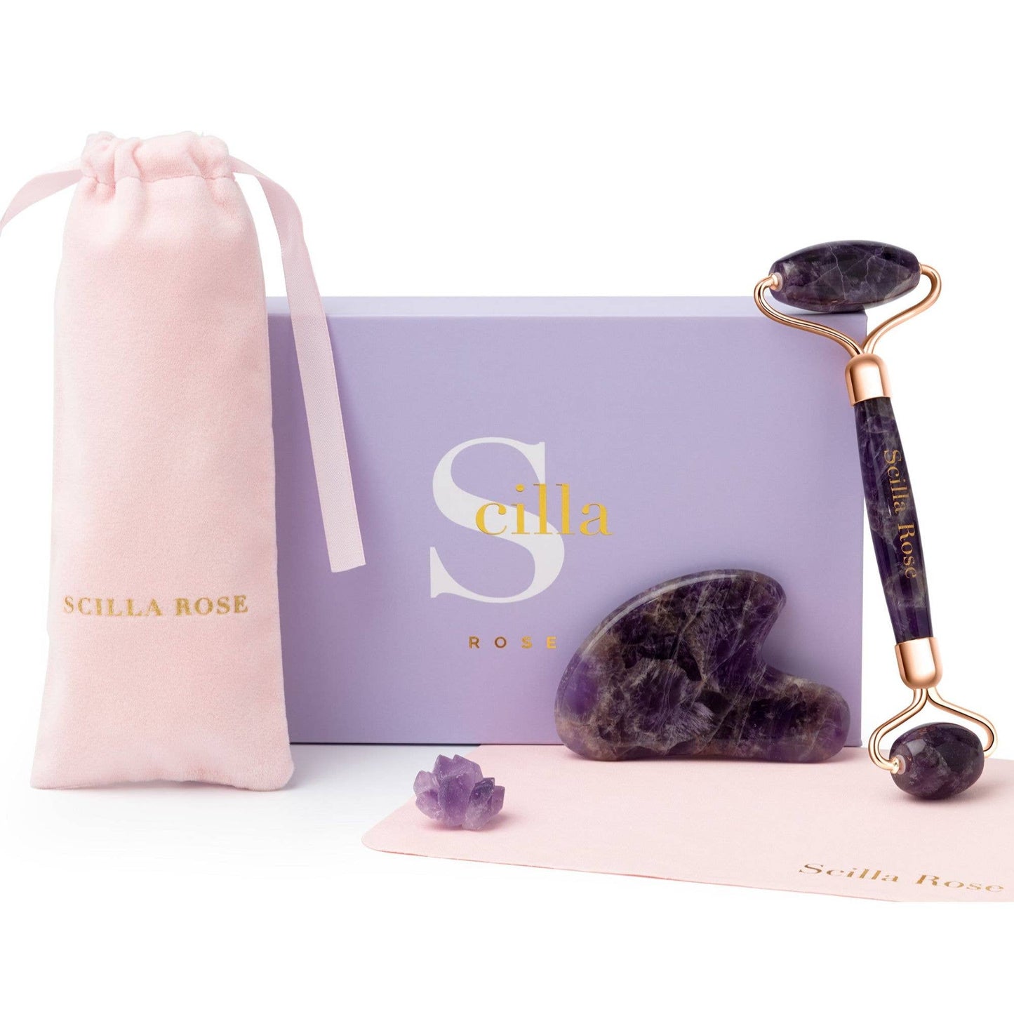 Crystal Roller & Gua Sha Beauty Set - Amethyst, Jade or Rose Quartz