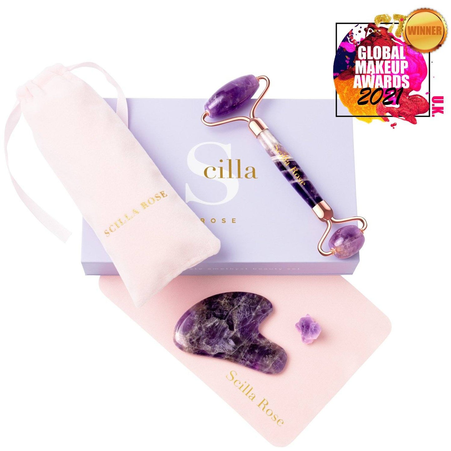 Crystal Roller & Gua Sha Beauty Set - Amethyst, Jade or Rose Quartz