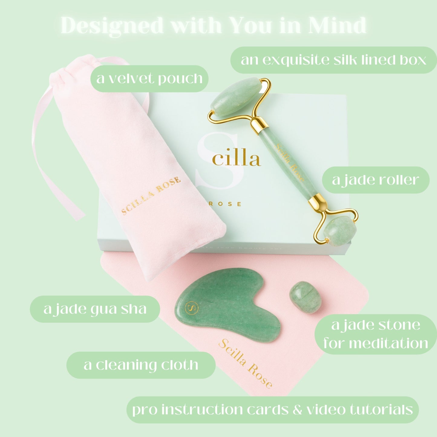 Crystal Roller & Gua Sha Beauty Set - Amethyst, Jade or Rose Quartz