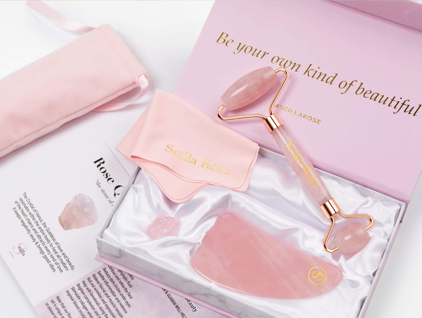 Crystal Roller & Gua Sha Beauty Set - Amethyst, Jade or Rose Quartz