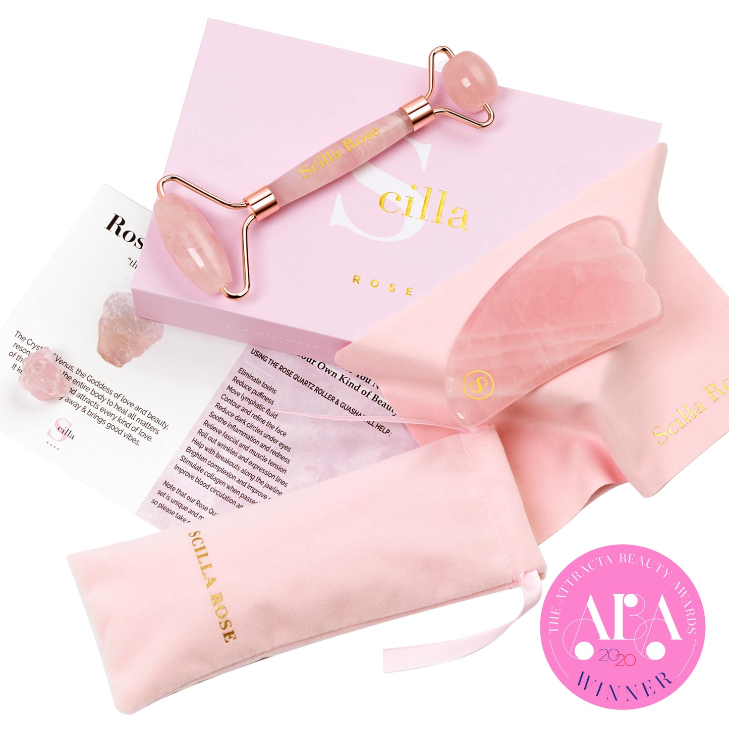 Crystal Roller & Gua Sha Beauty Set - Amethyst, Jade or Rose Quartz