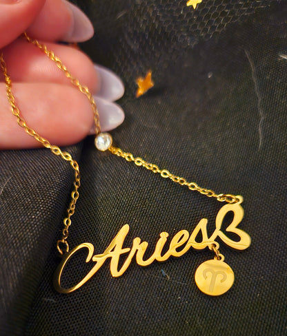 Script Necklace with Charm and Diamond - Aries